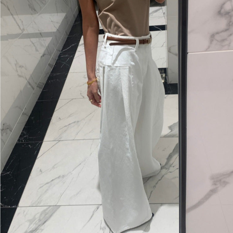 Women’s Korean-style Temperament High Waist Pleated Stitching Wide-leg Jeans