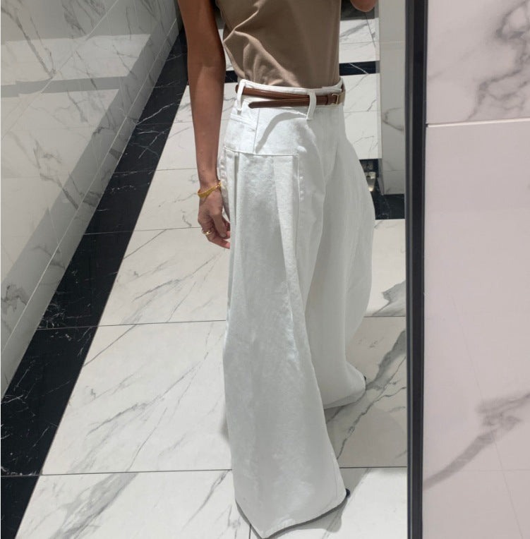 Women’s Korean-style Temperament High Waist Pleated Stitching Wide-leg Jeans - White / S