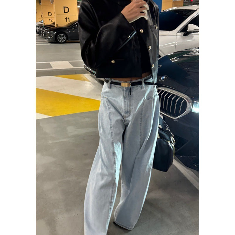 Women’s Korean-style Temperament High Waist Pleated Stitching Wide-leg Jeans