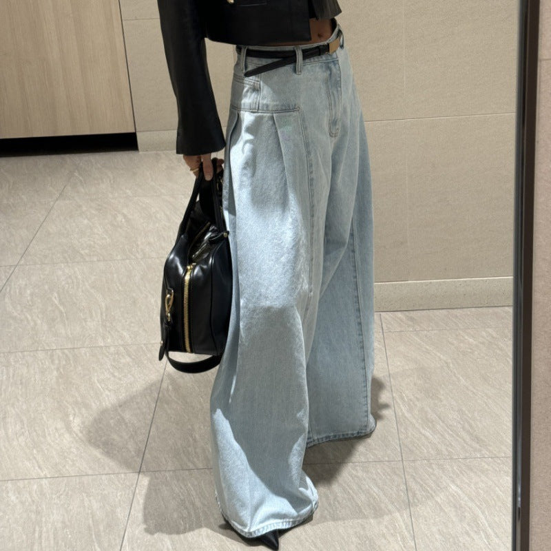 Women’s Korean-style Temperament High Waist Pleated Stitching Wide-leg Jeans