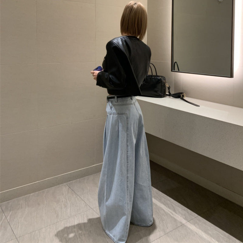 Women’s Korean-style Temperament High Waist Pleated Stitching Wide-leg Jeans