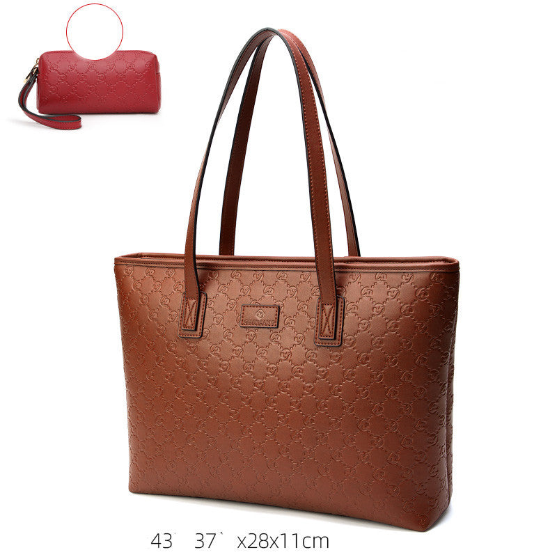 Women’s Large Capacity Genuine Leather Tote Bag - Embossed Brown Large