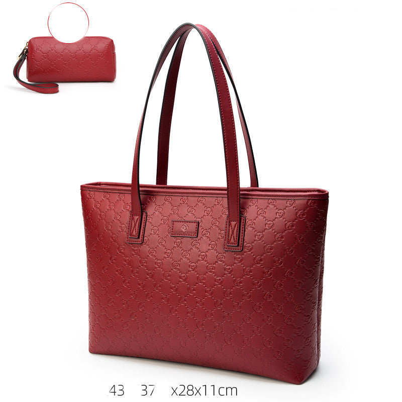 Women’s Large Capacity Genuine Leather Tote Bag - Embossed Red Large