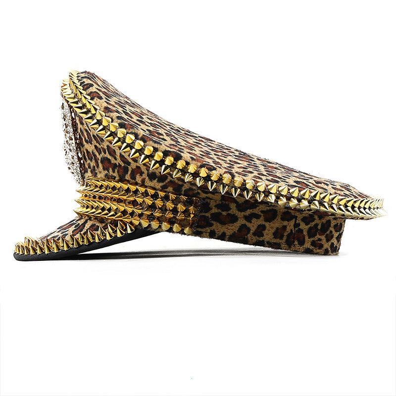 Women’s Large Round Leopard Rivet Hat Ball Punk Hip Hop Hat - Leopard Head Gold Rivet / Adjustable