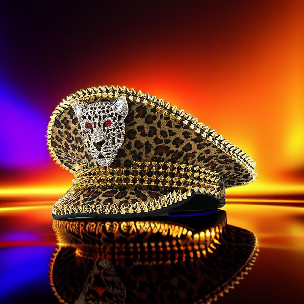 Women’s Large Round Leopard Rivet Hat Ball Punk Hip Hop Hat - Leopard Head Gold Rivet / Adjustable