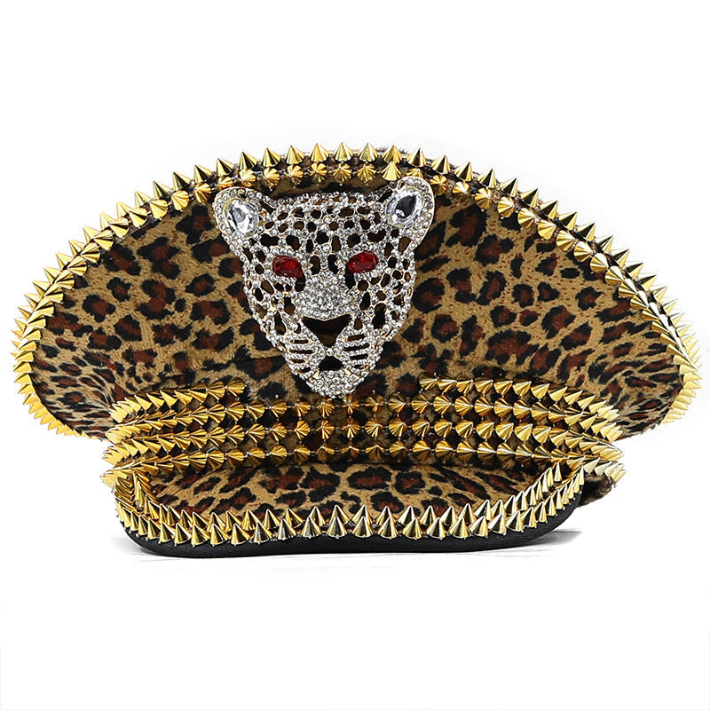 Women’s Large Round Leopard Rivet Hat Ball Punk Hip Hop Hat - Leopard Head Gold Rivet / Adjustable