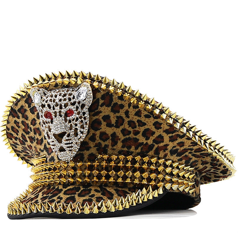 Women’s Large Round Leopard Rivet Hat Ball Punk Hip Hop Hat - Leopard Head Gold Rivet / Adjustable