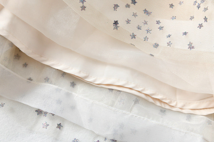 Women’s Mesh Star Shiny Silk Print Waist Wrapping Slim Dress
