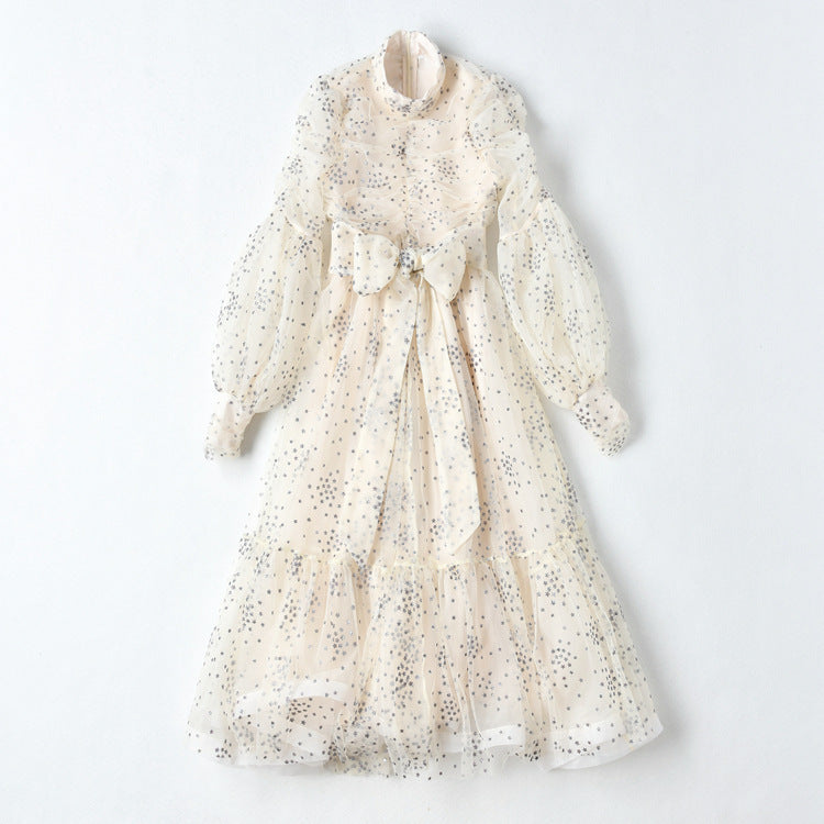 Women’s Mesh Star Shiny Silk Print Waist Wrapping Slim Dress