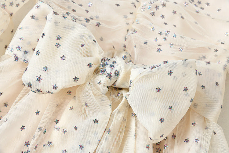 Women’s Mesh Star Shiny Silk Print Waist Wrapping Slim Dress