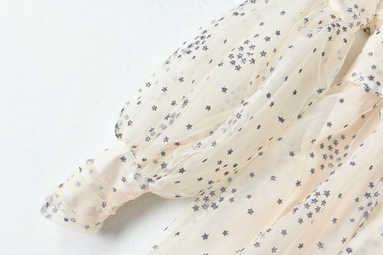 Women’s Mesh Star Shiny Silk Print Waist Wrapping Slim Dress