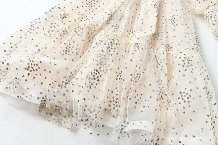 Women’s Mesh Star Shiny Silk Print Waist Wrapping Slim Dress