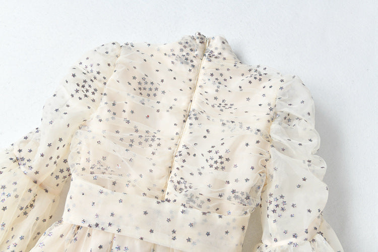 Women’s Mesh Star Shiny Silk Print Waist Wrapping Slim Dress