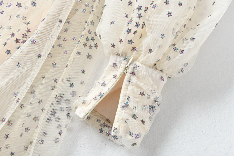 Women’s Mesh Star Shiny Silk Print Waist Wrapping Slim Dress