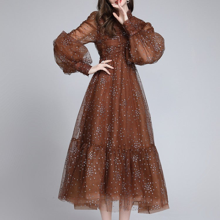 Women’s Mesh Star Shiny Silk Print Waist Wrapping Slim Dress
