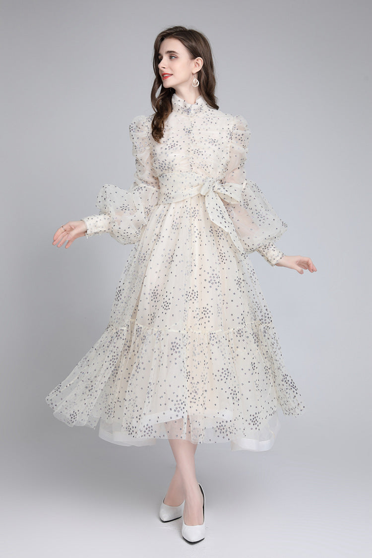 Women’s Mesh Star Shiny Silk Print Waist Wrapping Slim Dress - Apricot White / S