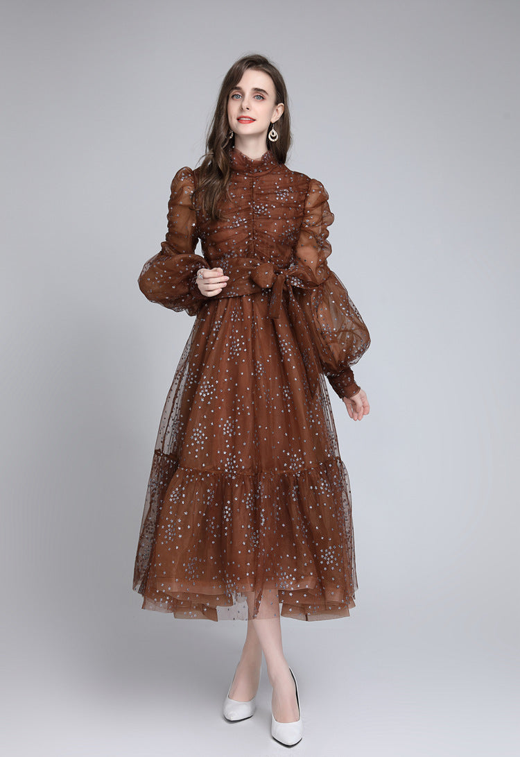 Women’s Mesh Star Shiny Silk Print Waist Wrapping Slim Dress - Brown / S
