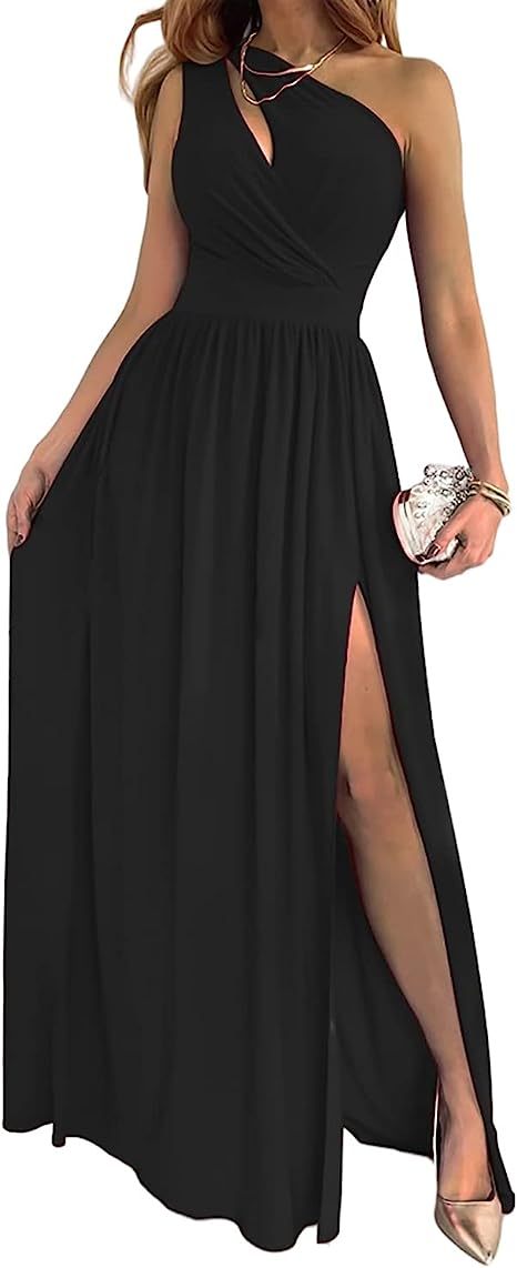 Women’s One Shoulder High Split Cutout Sleeveless Elegant Sexy Cocktail Maxi Dress - 4