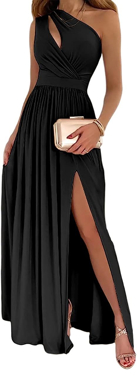 Women’s One Shoulder High Split Cutout Sleeveless Elegant Sexy Cocktail Maxi Dress - 4