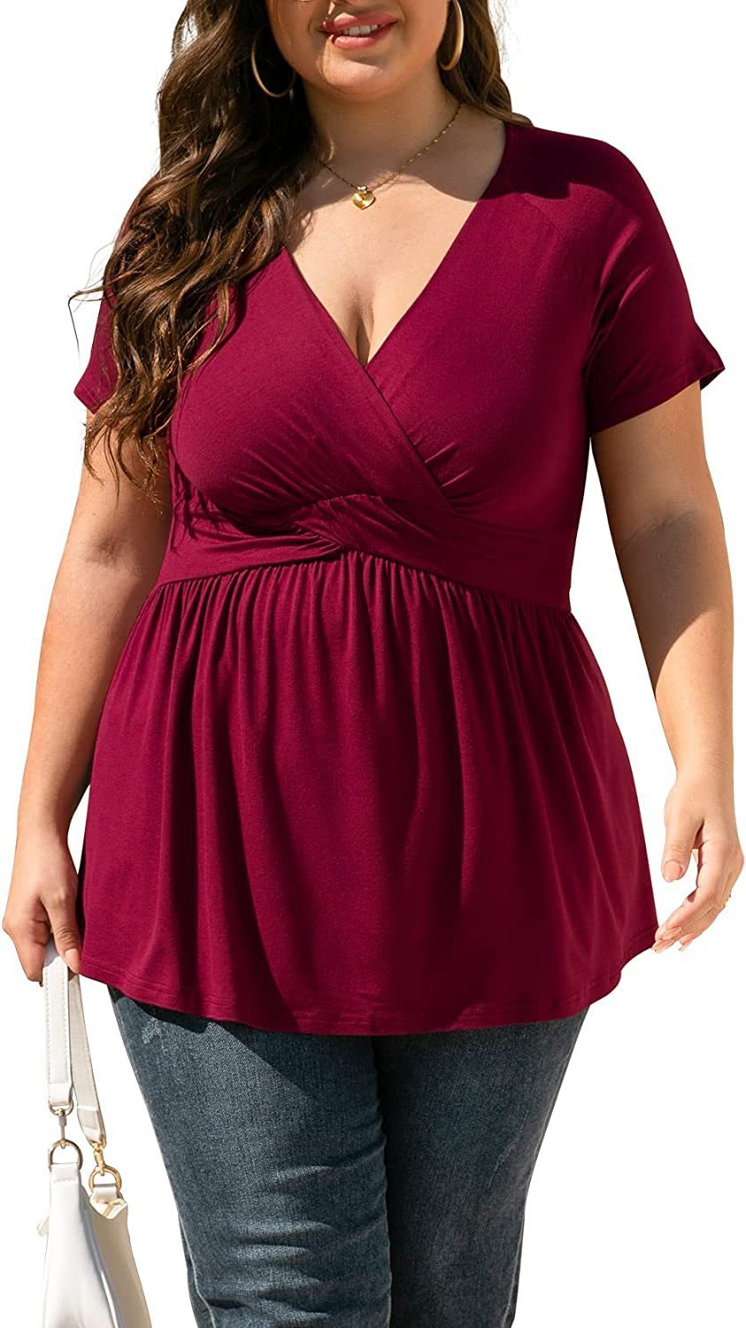 Women’s Plus Size T-shirt V-neck Top - Wine Red / L