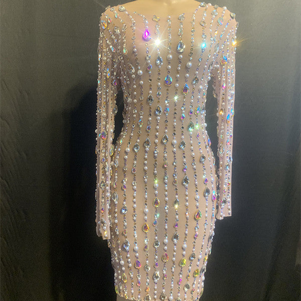 Women’s Rhinestone Birthday Short Party Dress - Creamywhite / S