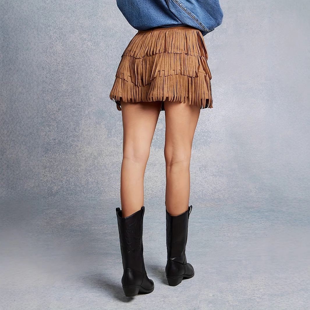 Women’s Solid Color High Waisted Western Imitation Suede Tassel Layered Short Skirt - 4