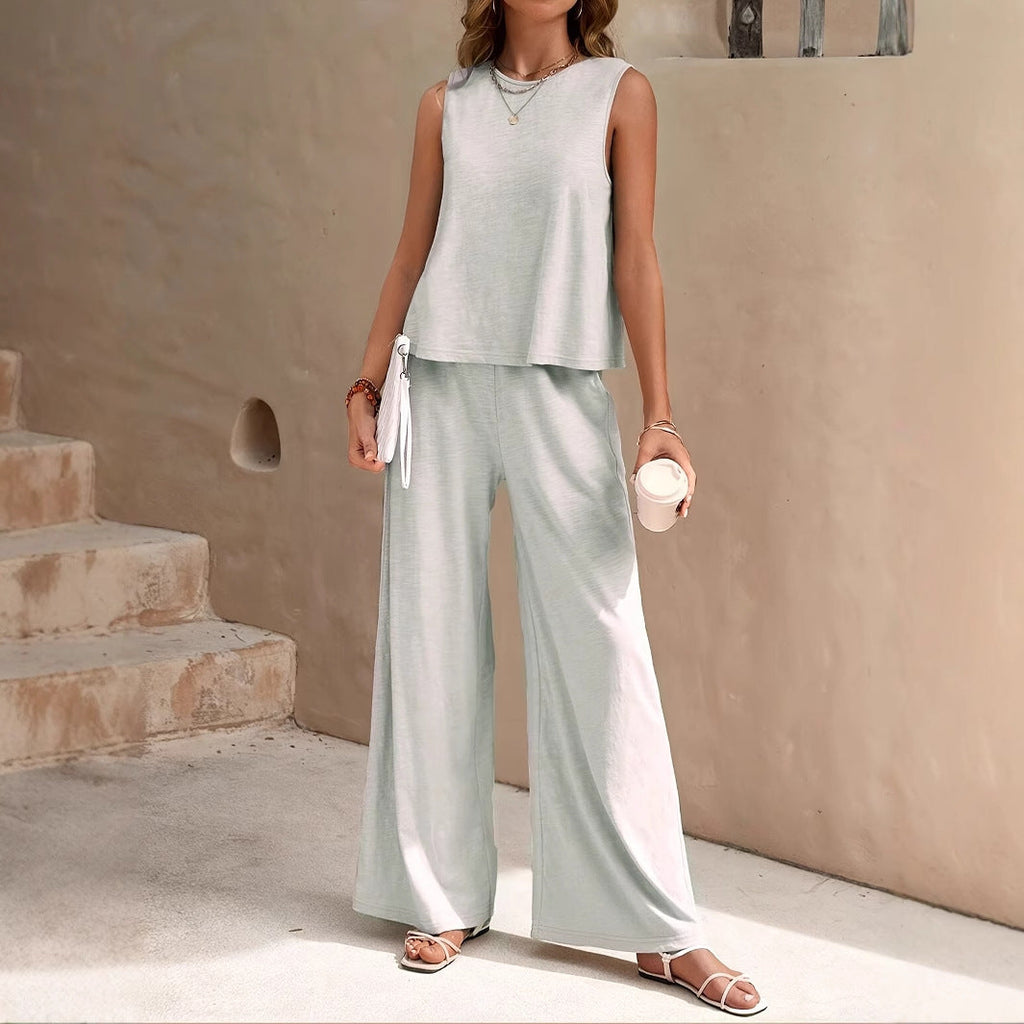 Women’s Solid Color Vest Top And Casual Wide Leg Pants Two-piece Set - 4