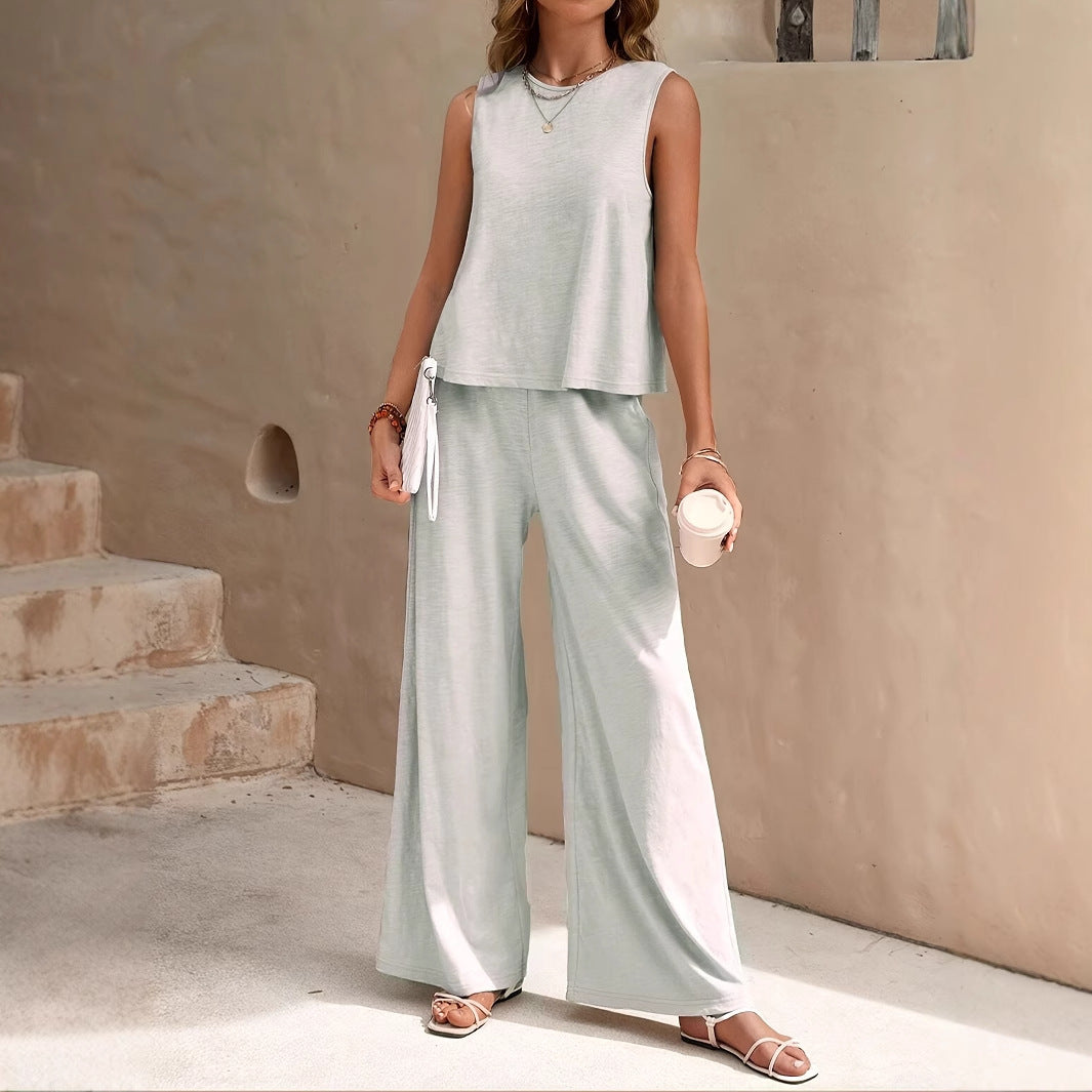 Women’s Solid Color Vest Top And Casual Wide Leg Pants Two-piece Set - 4