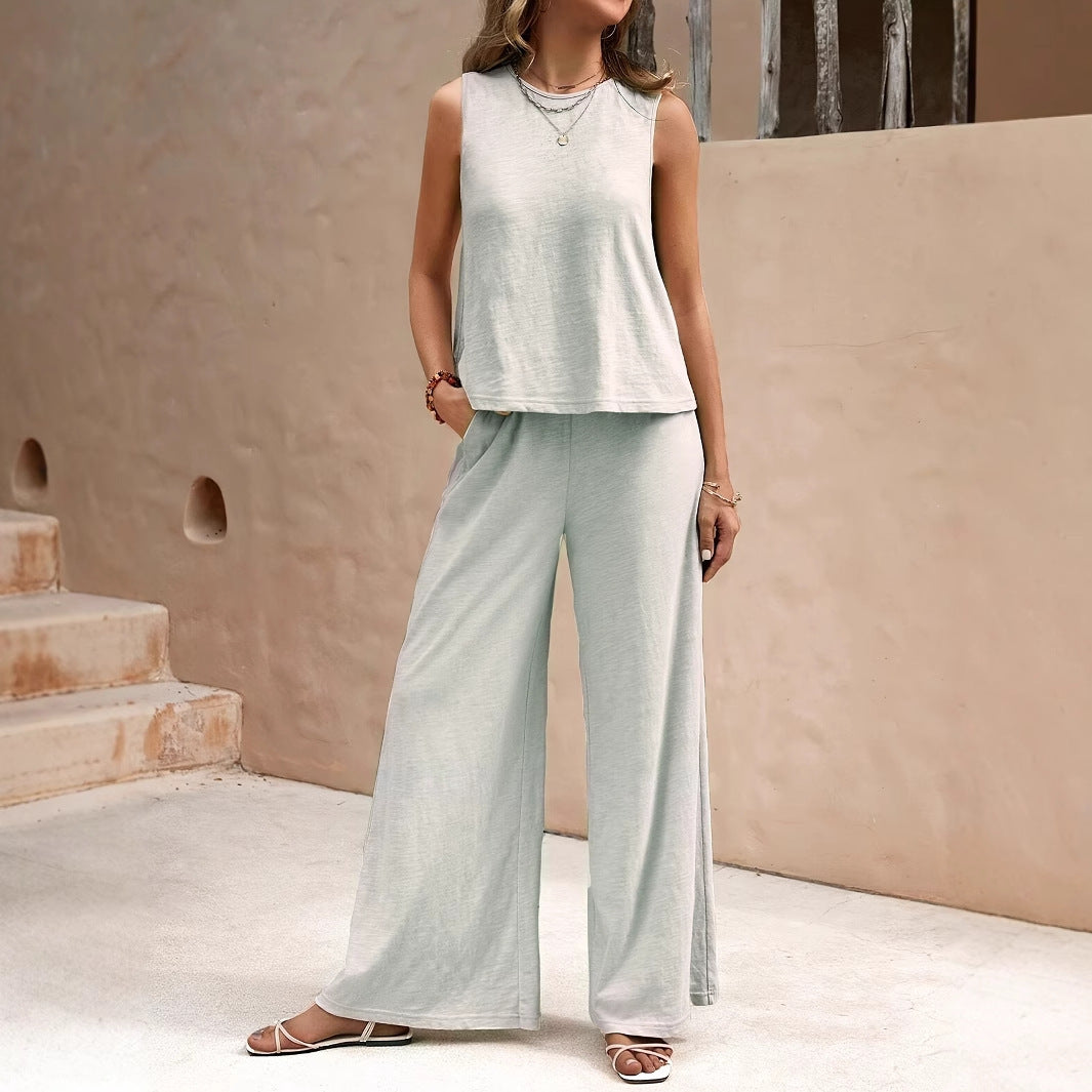 Women’s Solid Color Vest Top And Casual Wide Leg Pants Two-piece Set - 4