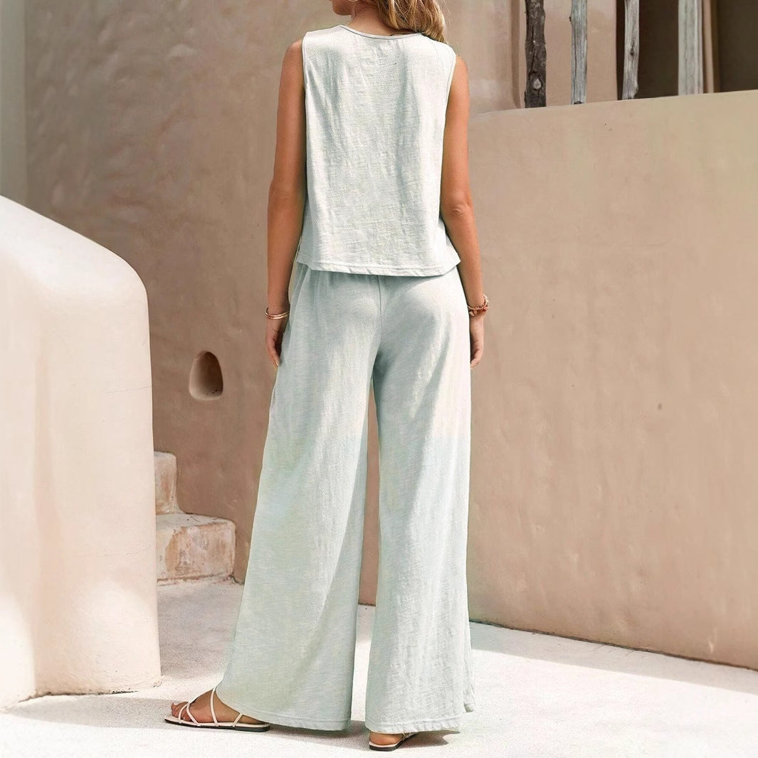 Women’s Solid Color Vest Top And Casual Wide Leg Pants Two-piece Set - 4