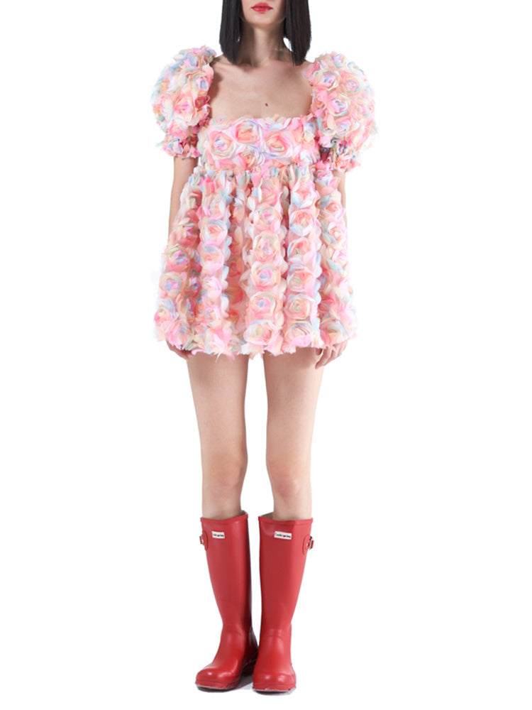 Women’s Sweet Print Mini Skirt Short Sleeve Stitching Flower Puffy Sleeve Dress