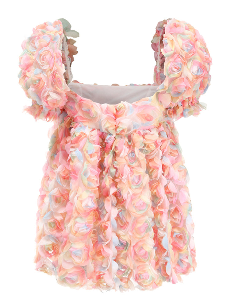 Women’s Sweet Print Mini Skirt Short Sleeve Stitching Flower Puffy Sleeve Dress