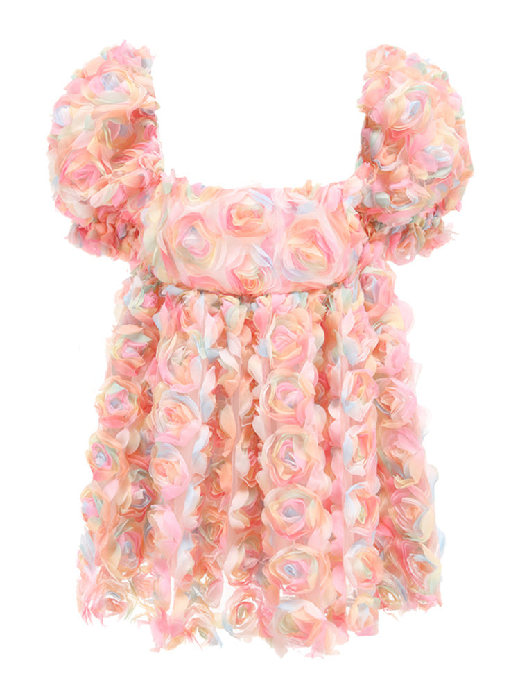 Women’s Sweet Print Mini Skirt Short Sleeve Stitching Flower Puffy Sleeve Dress - Pink / S
