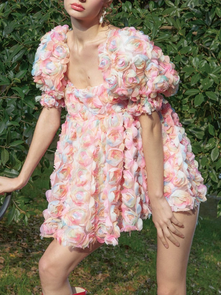 Women’s Sweet Print Mini Skirt Short Sleeve Stitching Flower Puffy Sleeve Dress