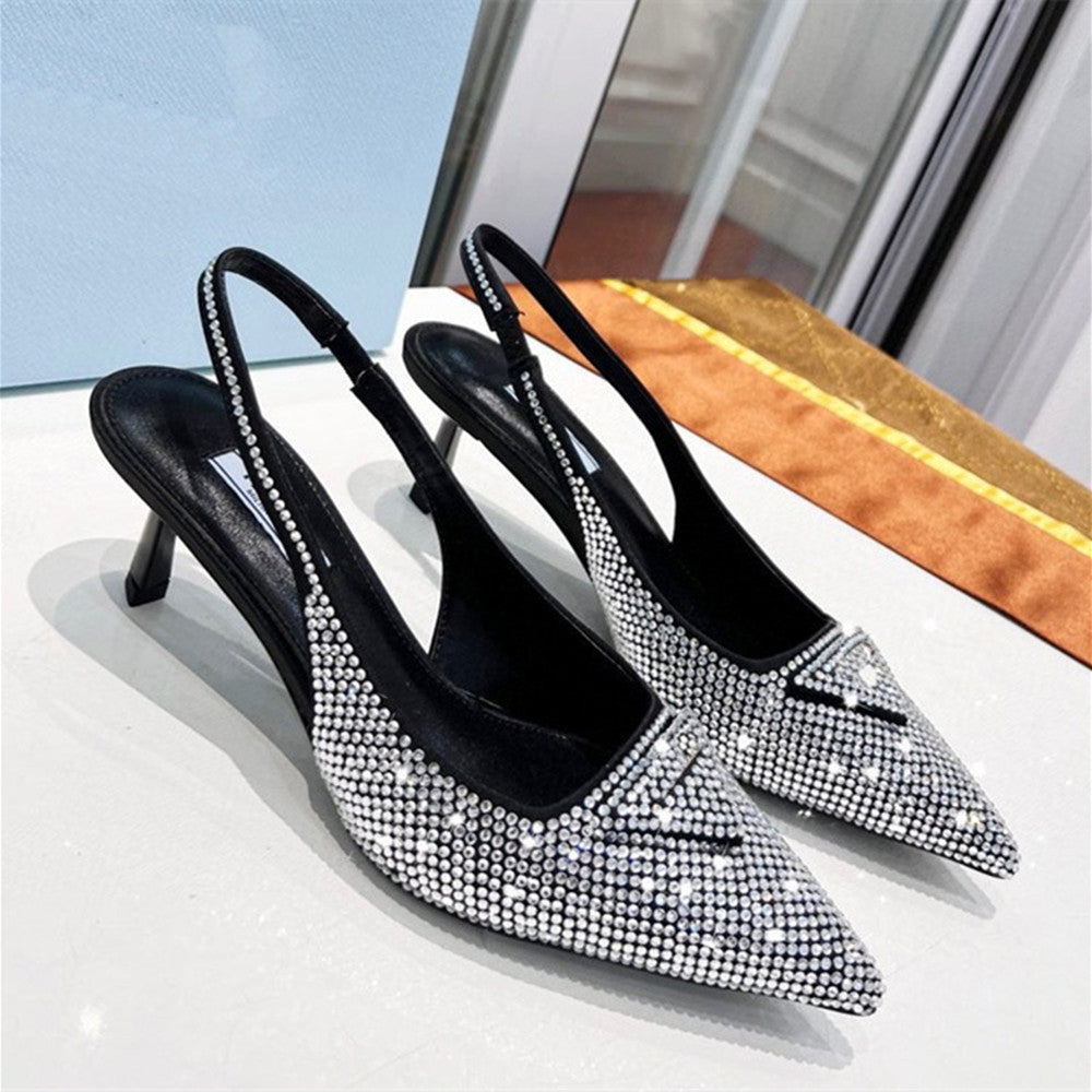 Women’s Triangle Pointed Rhinestone Cat Heel Sandals - Black / 35