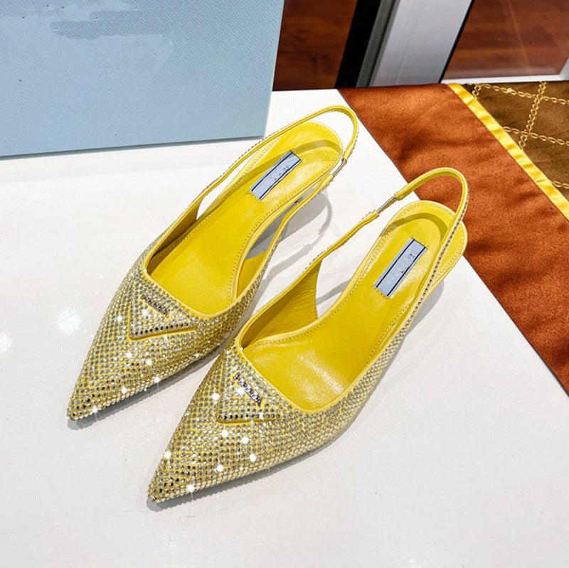 Women’s Triangle Pointed Rhinestone Cat Heel Sandals - Yellow / 35