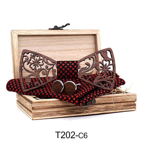 Wooden Hollow Fashion Bow Tie Cufflinks Set - T202 C4S