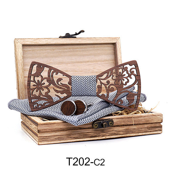 Wooden Hollow Fashion Bow Tie Cufflinks Set - T202 C4S
