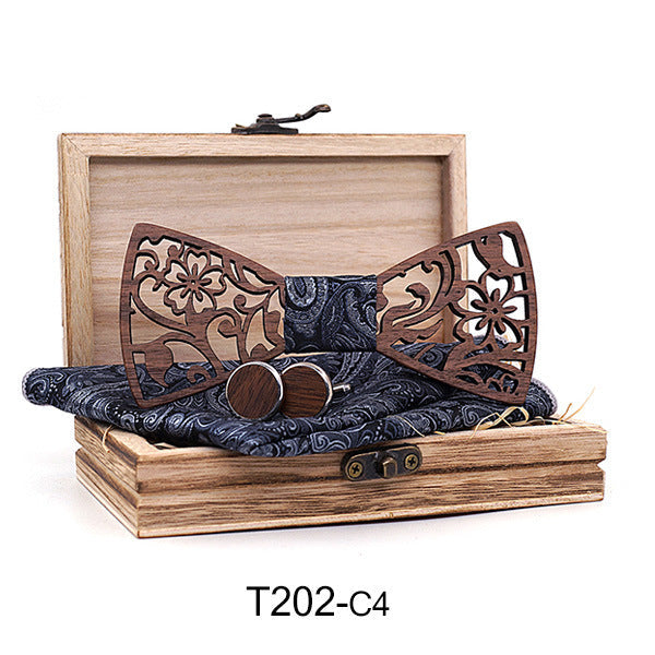 Wooden Hollow Fashion Bow Tie Cufflinks Set - T202 C4S