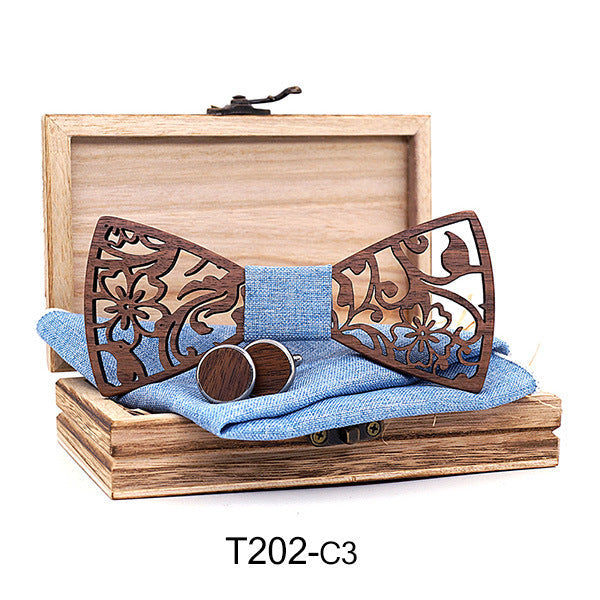 Wooden Hollow Fashion Bow Tie Cufflinks Set - T202 C4S
