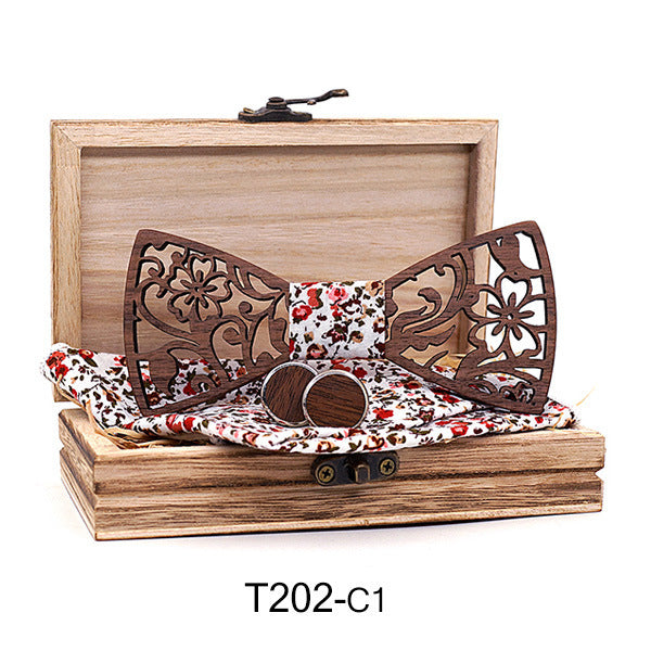 Wooden Hollow Fashion Bow Tie Cufflinks Set - T202 C4S