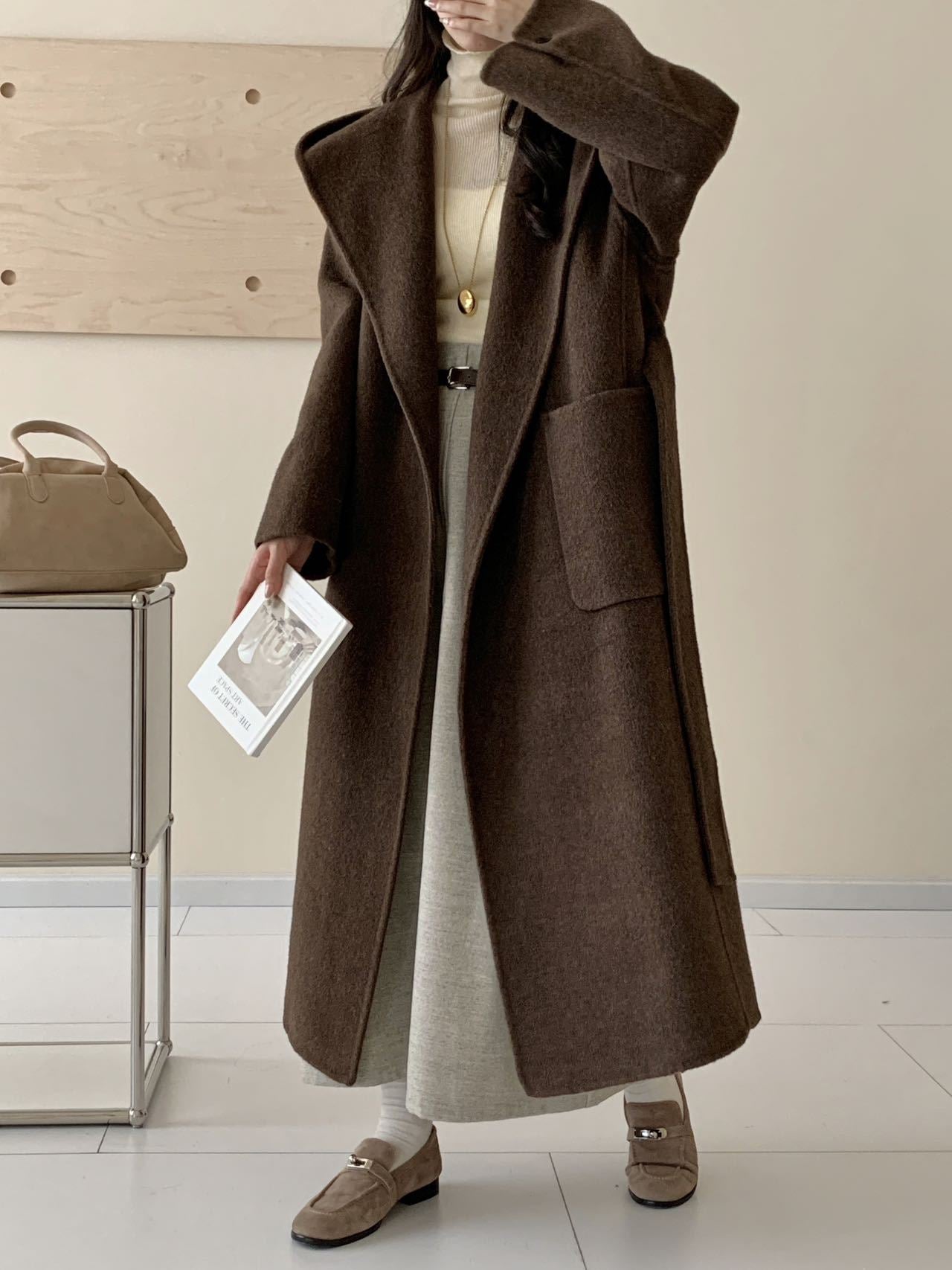 Solid Color Hooded Double-sided Wool Overcoat Women - Brown / S