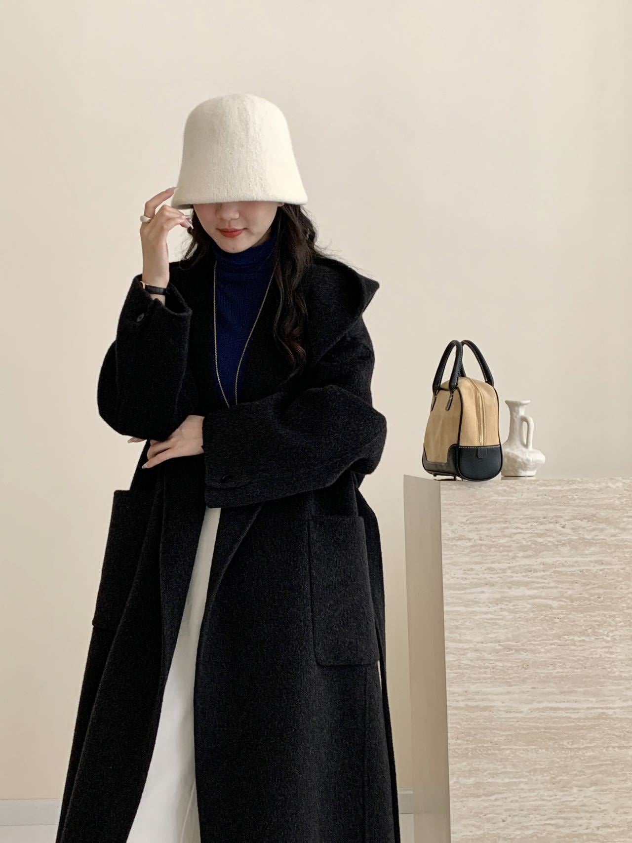Solid Color Hooded Double-sided Wool Overcoat Women - Charcoal Black / S