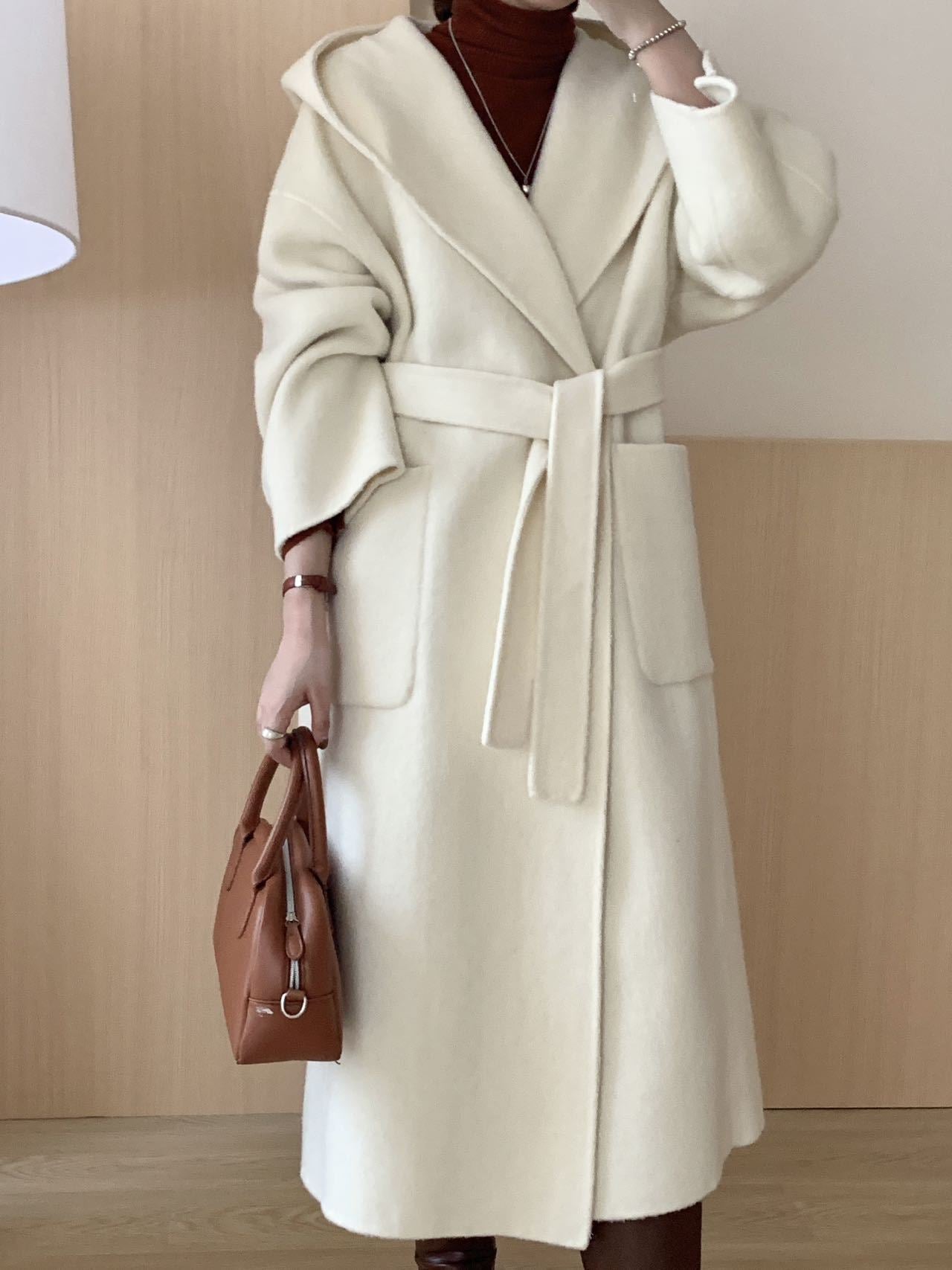 Solid Color Hooded Double-sided Wool Overcoat Women - Milky White / S