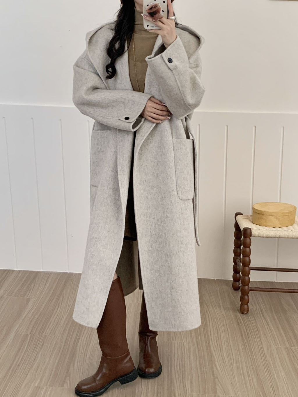 Solid Color Hooded Double-sided Wool Overcoat Women - Oatmeal Color / S