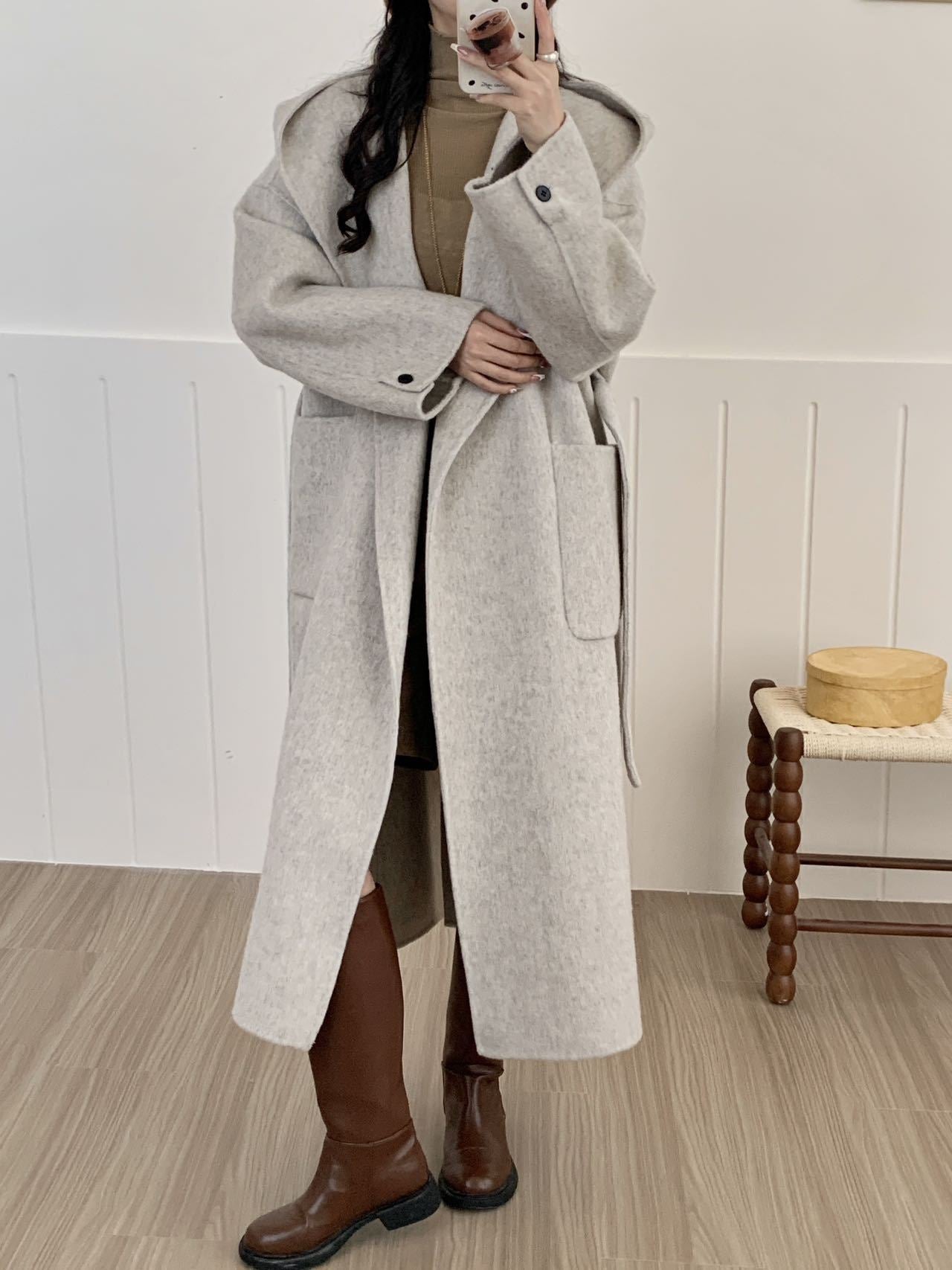 Solid Color Hooded Double-sided Wool Overcoat Women - Oatmeal Color / S