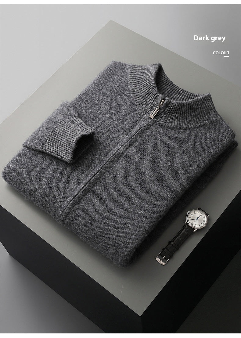 Wool Cardigan Men’s Stand Collar Zipper Knitted Sweater Coat Warm And Loose Cashmere Pants Men