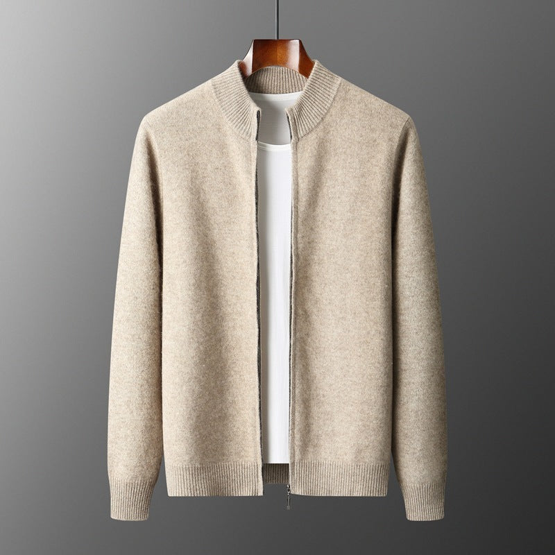 Wool Cardigan Men’s Stand Collar Zipper Knitted Sweater Coat Warm And Loose Cashmere Pants Men