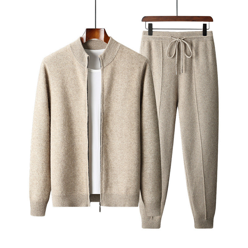 Wool Cardigan Men’s Stand Collar Zipper Knitted Sweater Coat Warm And Loose Cashmere Pants Men