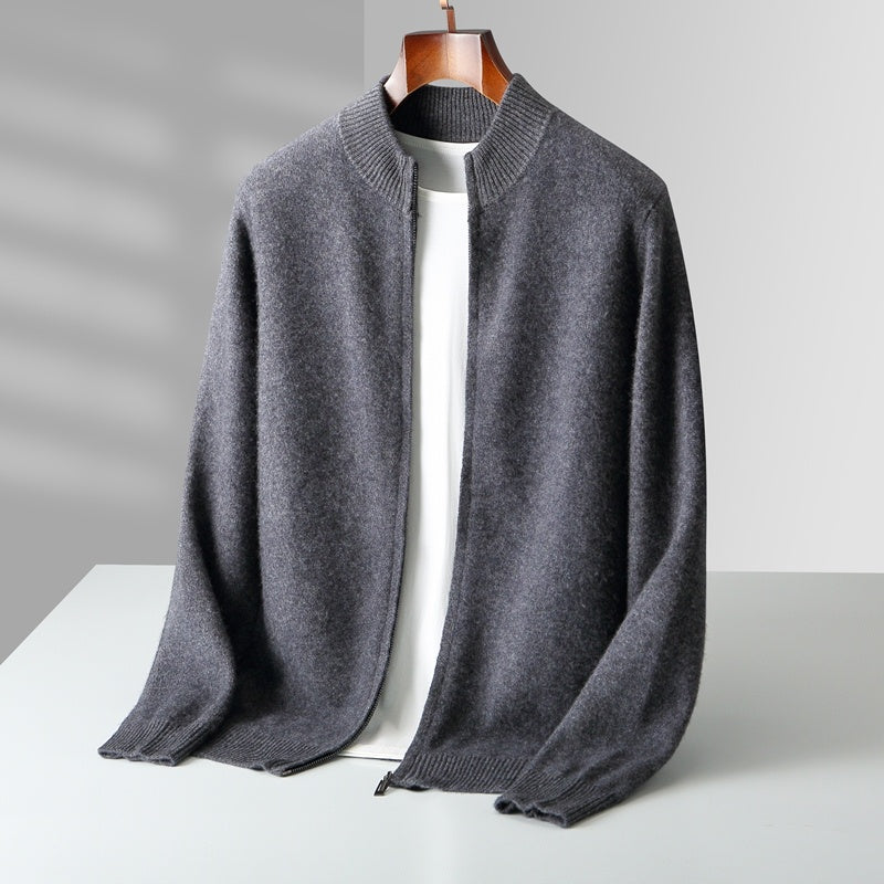 Wool Cardigan Men’s Stand Collar Zipper Knitted Sweater Coat Warm And Loose Cashmere Pants Men
